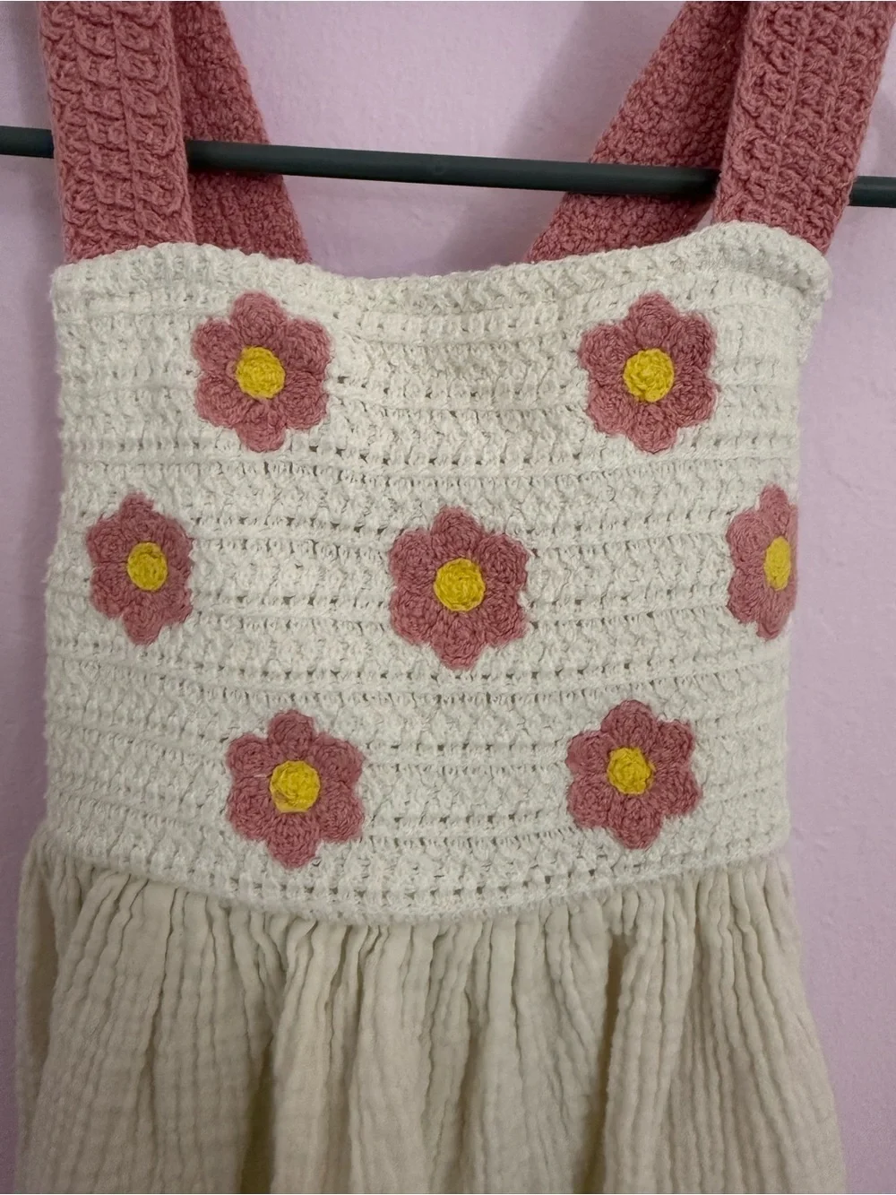 Cream & Pink Flower Crochet Bodice Girls Dress